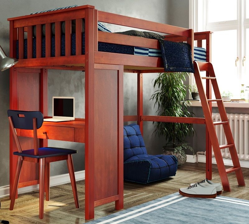 Loft Bed Twin Size Desk Cherry Finish, Solid Wood Loft Bed With Desk And Drawers