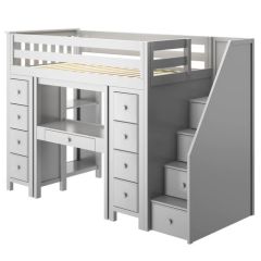 Solid Wood Loft Bed w Dressers, Bookcase, Desk and Staircase, All in One Design, Twin size, Grey