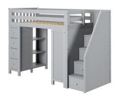 Solid Wood Loft Bed w Storage, Desk and Staircase, All in One Design, Twin size, Grey