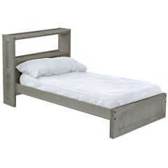 Solid Wood Platform Bed - Panel Design - w Bookcase HB - Twin - Light Grey