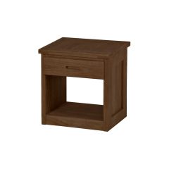 Image of a Solid wood nightstand, or night table, with one drawer and open shelf and standing 24” tall in Brindle Color. Made in Canada By Crate Design. From Bunk Beds Canada of Vancouver.