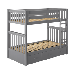 Solid Wood Bunk Bed w Trundle, All In One Design, Twin over Twin size, Grey