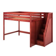 Solid Hardwood Loft Bed w Staircase on End - Modular Design - Slatted - 71" H - Queen - Chestnut