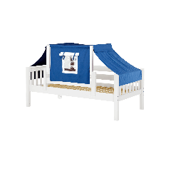 Solid Hardwood Daybed w Safety Rail and Top Tent - Modular Design - Slatted - Twin - Blue/White - White