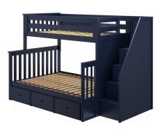Solid Wood Bunk Bed w Staircase and Underbed Drawers, All In One Design, Twin over Full size, Blue