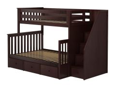 Solid Wood Bunk Bed w Staircase and Underbed Drawers, All In One Design, Twin over Full size, Expresso