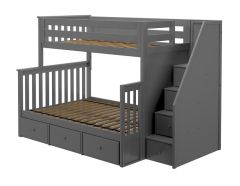 Solid Wood Bunk Bed w Staircase and Underbed Drawers, All In One Design, Twin over Full size, Grey