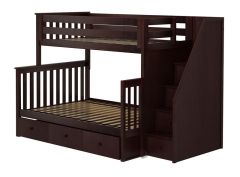 Solid Wood Bunk Bed w Staircase and Trundle, All In One Design, Twin over Full size, Espresso