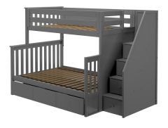 Solid Wood Bunk Bed w Staircase and Trundle, All In One Design, Twin over Full size, Grey