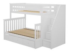 Solid Wood Bunk Bed w Staircase and Trundle, All In One Design, Twin over Full size, White