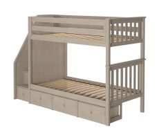 Solid Wood Bunk Bed w Staircase and Underbed Drawers, All In One Design, Twin over Twin size, Stone
