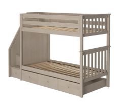 Solid Wood Bunk Bed w Staircase and Trundle, All In One Design, Twin over Twin size, Stone