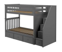 Solid Wood Bunk Bed w Staircase and Underbed Drawers, All In One Design, Twin over Twin size, Grey