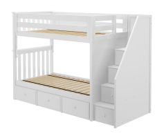 Solid Wood Bunk Bed w Staircase and Underbed Drawers, All In One Design, Twin over Twin size, White