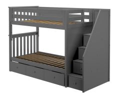 Solid Wood Bunk Bed w Staircase and Trundle, All In One Design, Twin over Twin size, Grey