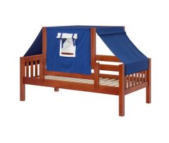 Solid Hardwood Daybed w Safety Rail and Top Tent - Modular Design - Slatted - Twin - Blue/White - Chestnut
