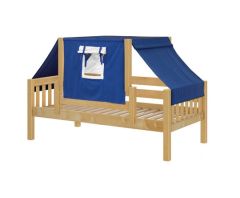 Solid Hardwood Daybed w Safety Rail and Top Tent - Modular Design - Slatted - Twin - Blue/White - Natural