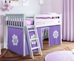 Solid Wood Loft Bed w Angle Ladder and Curtain, All In One Design, Twin size, Purple/White, White