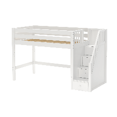 Solid Hardwood Loft Bed w Staircase on End - Modular Design - Panel - 61" H - Twin - White