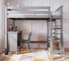 Solid Wood Loft Bed w Angle Ladder, Bookcase and Desk - One Box Design - Twin - Grey