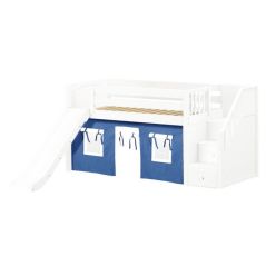 Solid Hardwood Loft Bed w Staircase, Curtain and Slide - Modular Design - Panel - 51" H - Twin - Blue/White - White