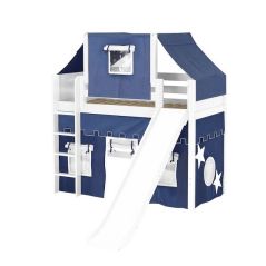 Solid Hardwood Loft Bed w Vertical Ladder, Slide, Top Tent and Curtain - Modular Design - Panel - 51" H - Twin - Blue/White - White