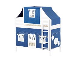 Solid Hardwood Bunk Bed w Vertical Ladder, Curtain and Top Tent - Modular Design - Panel - 66" H - Twin over Twin - Blue/White - White