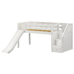 Solid Hardwood Loft Bed w Staircase on End and Slide - Modular Design - Panel - 51" H - Twin - White