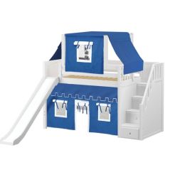 Solid Hardwood Loft Bed w Staircase, Slide, Curtain and Top Tent - Modular Design - Panel - 51" H - Twin - Blue/White - White