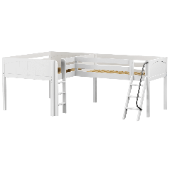 Solid Hardwood Corner Loft Bed w Ladders. Modular Design. 51 inches. Twin/Full size with Panel Headboard in White Finish.