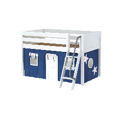 Solid Hardwood Loft Bed w Angle Ladder and Curtain - Modular Design - Panel - 51" H - Twin - Blue/White - White