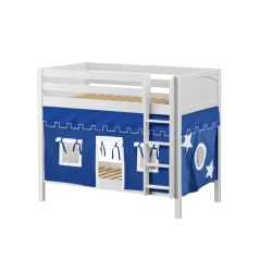 Solid Hardwood Bunk Bed w Vertical Ladder and Curtain - Modular Design - Panel - 66" H - Twin over Twin - Blue/White - White