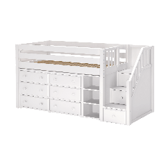 Solid Hardwood Storage Loft Bed - Staircase, Dresser, Bookcase - Modular Design - Panel - 51" H - Twin - White