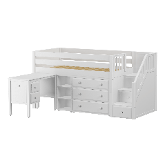 Solid Hardwood Storage Loft Bed w Staircase, Desk, 3 Drawers and Narrow Bookcase - Modular Design - Panel - 51" H - Twin - White