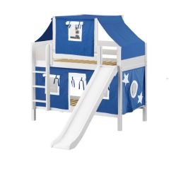 Solid Hardwood Bunk Bed w Vertical Ladder, Slide, Curtain and Top Tent - Modular Design - Panel - 61" H - Twin over Twin - Blue/White - White