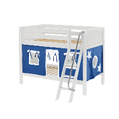 Solid Hardwood Bunk Bed w Angle Ladder and Curtain - Modular Design - Panel - 61" H - Twin over Twin - Blue/White - White
