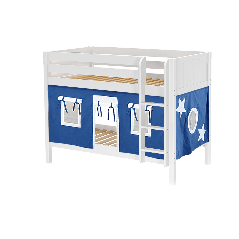 Solid Hardwood Bunk Bed w Vertical Ladder and Curtain - Modular Design - Panel - 61" H - Twin over Twin - Blue/White - White