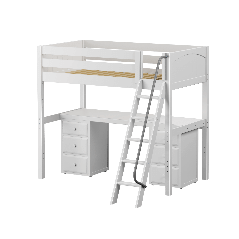 Solid Hardwood Loft Bed w Angle Ladder, Long Desk and 2 Drawers Dressers - Modular Design - Panel - 71" H - Twin - White