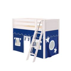 Solid Hardwood Loft Bed w Angle Ladder and Curtain - Modular Design - Panel - 61" H - Twin - Blue/White - White