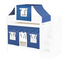 Solid Hardwood Bunk Bed w Staircase, Curtain and Top Tent - Modular Design - Panel - 66" H - Twin over Twin - Blue/White - White