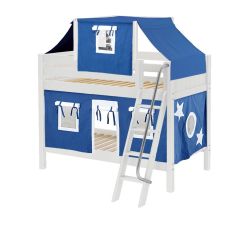 Solid Hardwood Bunk Bed w Angle Ladder, Curtain and Top Tent - Modular Design - Panel - 66" H - Twin over Twin - Blue/White - White