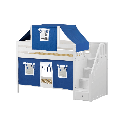 Solid Hardwood Bunk Bed w Staircase, Curtain and Top Tent - Modular Design - Panel - 61" H - Twin over Twin - Blue/White - White