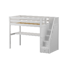 Solid Hardwood Loft Bed w Staircase and Long Desk - Modular Design - Panel - 71" H - Twin - White
