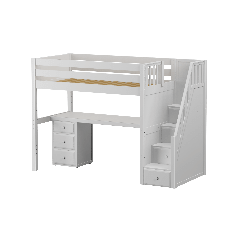 Solid Hardwood Loft Bed w Staircase, Long Desk and Drawers Dresser - Modular Design - Panel - 71" H - Twin - White