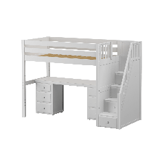 Solid Hardwood Loft Bed w Staircase, Long Desk and 2 Drawers Dressers - Modular Design - Panel - 71" H - Twin - White