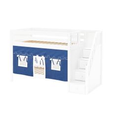 Solid Hardwood Bunk Bed w Staircase and Curtain - Modular Design - Panel - 66" H - Twin over Twin - Blue/White - White