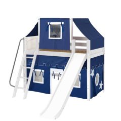 Solid Hardwood Loft Bed w Angle Ladder, Slide, Top Tent and Curtain - Modular Design - Panel - 51" H - Twin - Blue/White - White