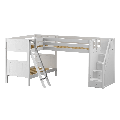 Solid Hardwood Corner Loft Bunk Bed w Ladder and Staircase - R - Modular Design - Panel - 66" H - Twin over Twin - White
