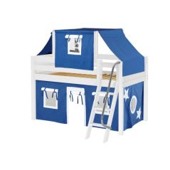 Solid Hardwood Loft Bed w Angle Ladder, Top Tent and Curtain - Modular Design - Panel - 51" H - Twin - Blue/White - White