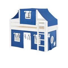 Solid Hardwood Loft Bed w Vertical Ladder, Top Tent and Curtain - Modular Design - Panel - 51" H - Twin - Blue/White - White